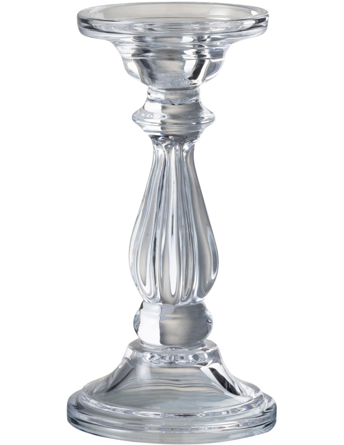 Bougeoir design Tibo en verre transparent, hauteur 20 cm, posé sur une console en bois