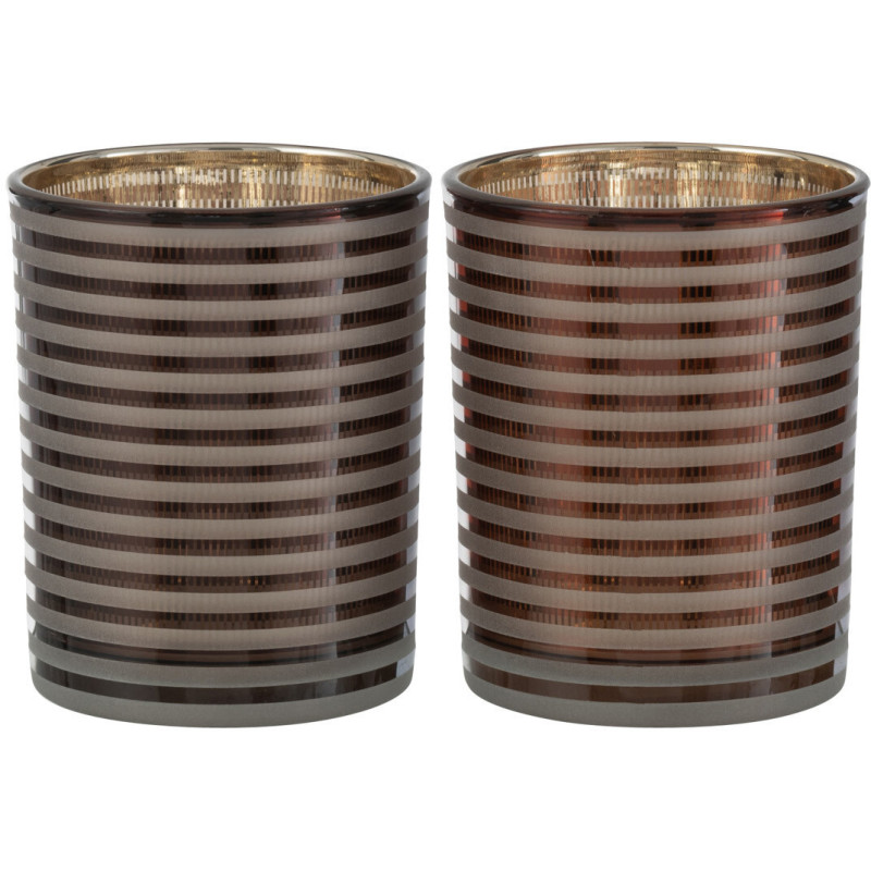 Photophore design Diamètre 10 cm en Verre Marron Blanc Motif rayé Maelia (Lot de 2) - 1