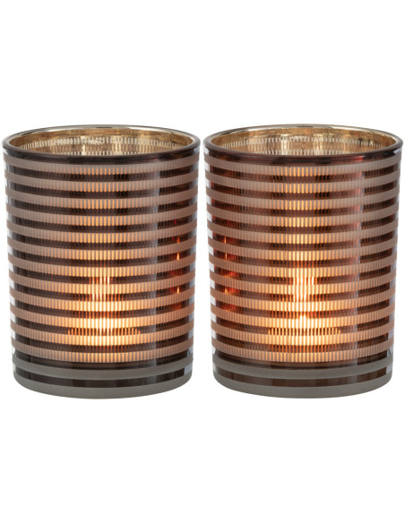 Photophore design Diamètre 10 cm en Verre Marron Blanc Motif rayé Maelia (Lot de 2) - 3