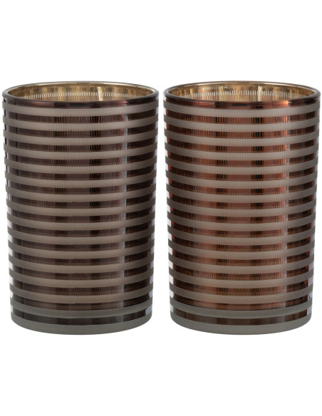 Photophore design Diamètre 12 cm en Verre Marron Blanc Motif rayé Maelia (Lot de 2) - 1