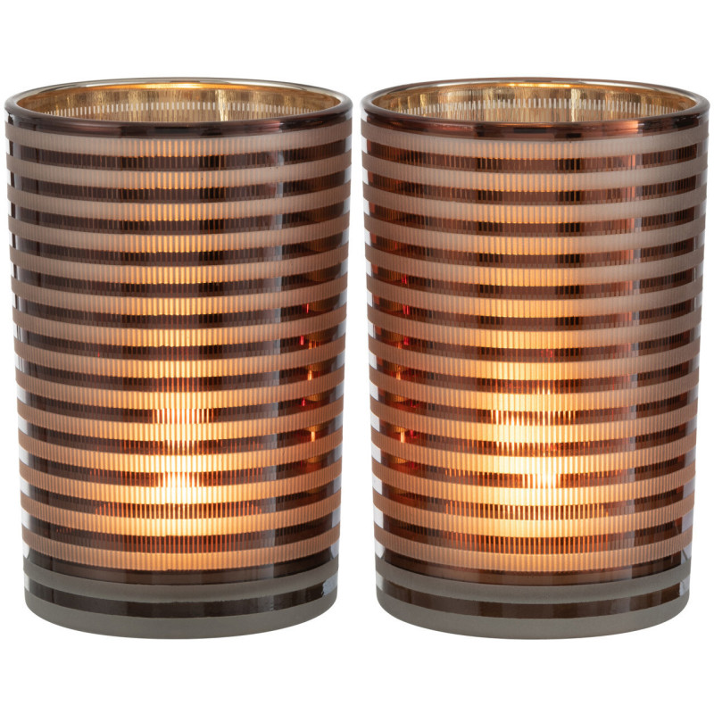 Photophore design Diamètre 12 cm en Verre Marron Blanc Motif rayé Maelia (Lot de 2) - 3