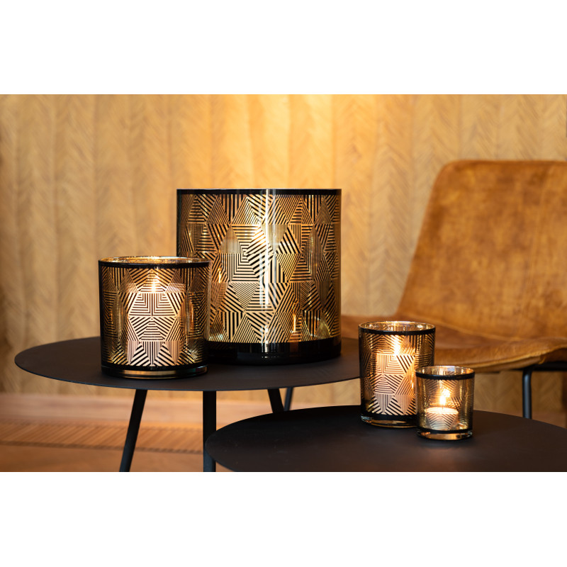 Photophore design XL Diamètre 24 cm en Verre Doré Noir Motif rayé Elexia - 2