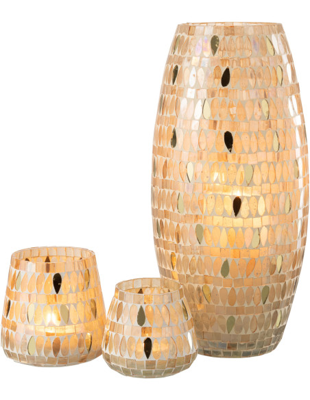 Photophore original XL Hauteur 35 cm en Verre Beige Motif mosaïque Teagon - 5