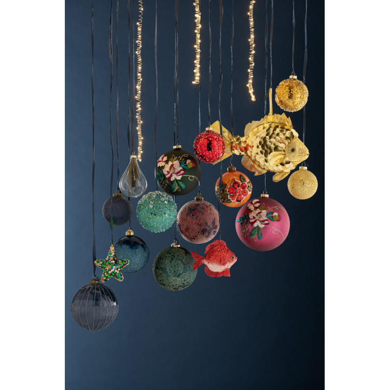 Boule de Noël XL en Verre Bleu Avec perles (Lot de 4) - 2