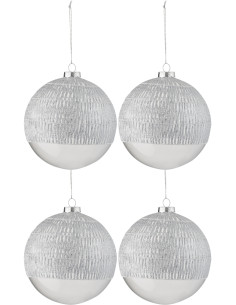 Boule de Noël XL en Verre Argenté Transaprent Motif strié (Lot de 4) - 1