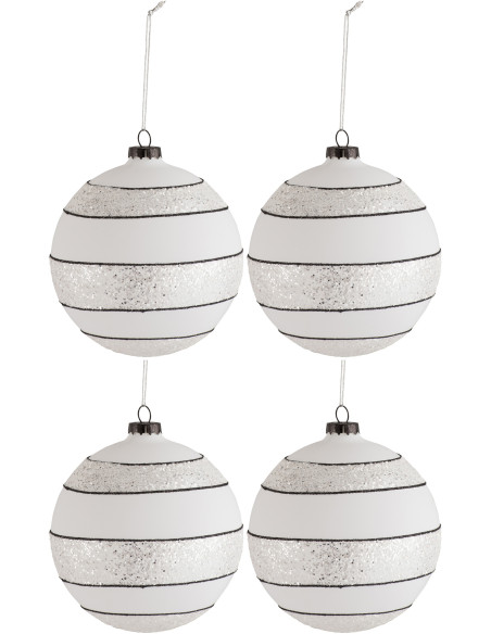 Boule de Noël en Verre Blanc Paillette Doré Motif lignes (Lot de 4) - 1