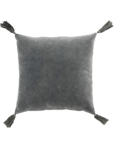 Coussin Carré Nivra 45x45 en Coton Gris Effet velours Avec pompons - 1
