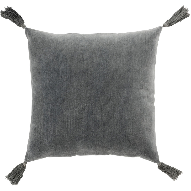 Coussin Carré Nivra 45x45 en Coton Gris Effet velours Avec pompons - 1