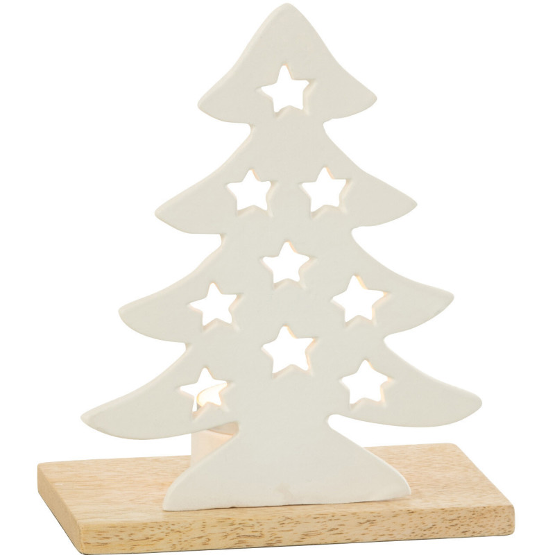 Photophore original Sapin étoilé Hauteur 18 cm en Métal Blanc Bois Naturel Aksel - 2