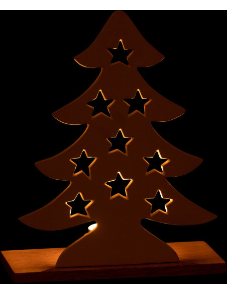 Photophore original Sapin étoilé Hauteur 25 cm en Métal Blanc Bois Naturel Aksel - 3