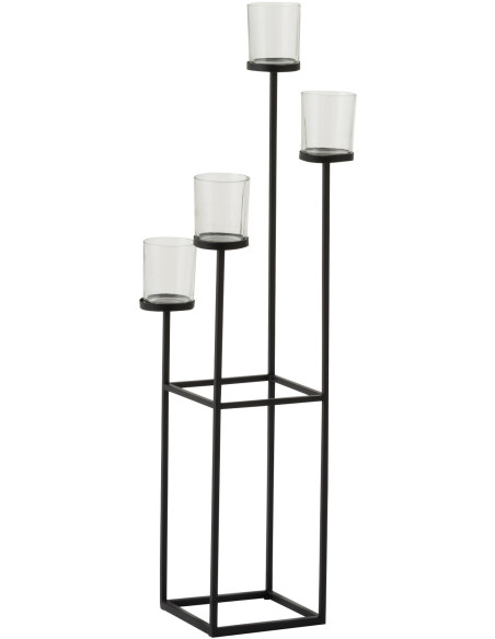 Photophore design sur pied XL 4 branches Hauteur 77 cm en Métal Noir Verre Transparent Lorian - 1