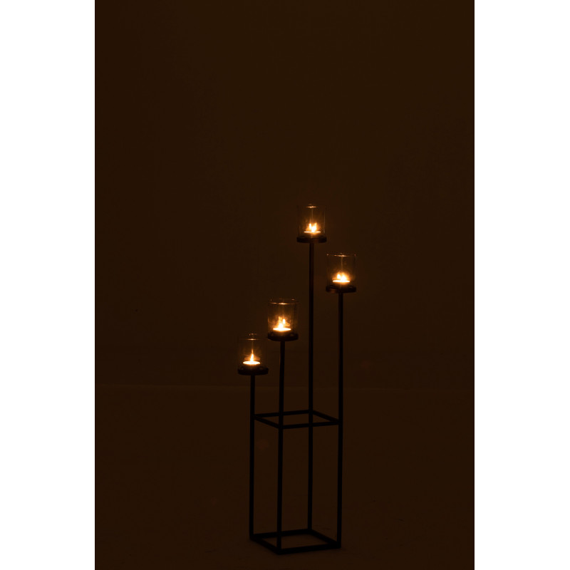 Photophore design sur pied XL 4 branches Hauteur 77 cm en Métal Noir Verre Transparent Lorian - 4