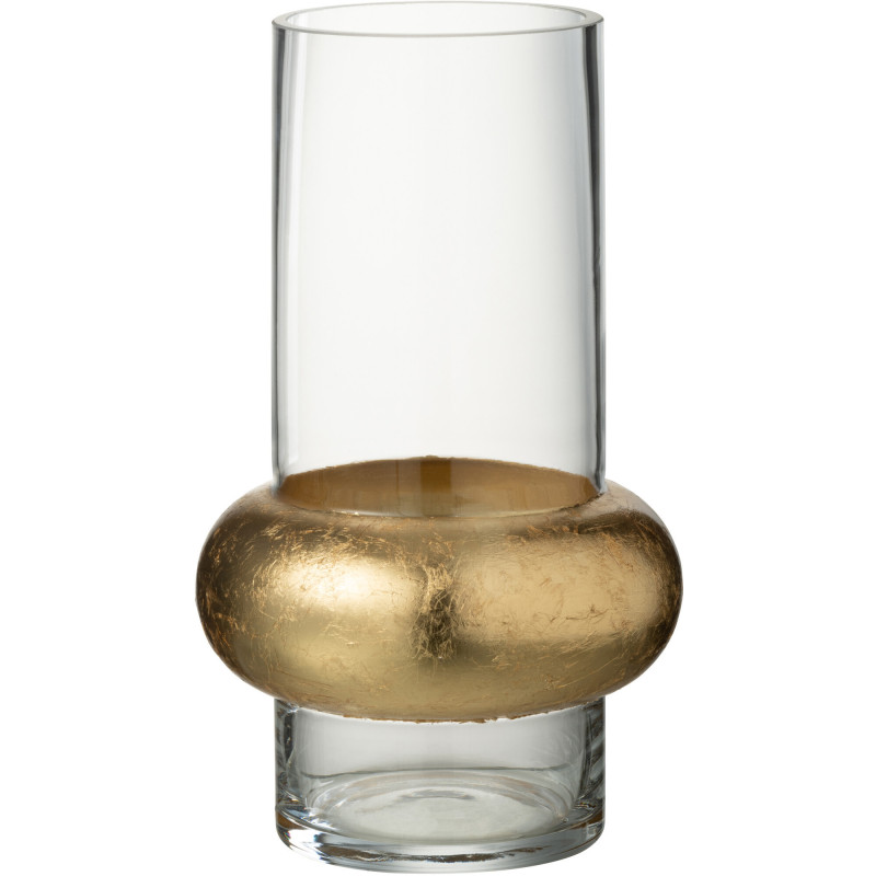 Vase Cylindrique Hoop Hauteur 25 cm en Verre Transparent Doré Anneau Bas - 1