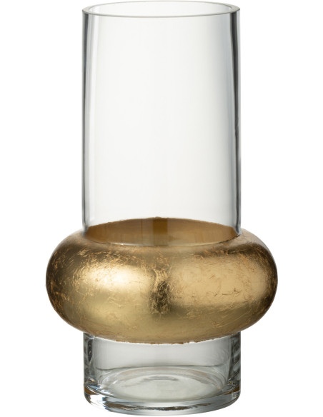 Vase Cylindrique Hoop Hauteur 25 cm en Verre Transparent Doré Anneau Bas - 1