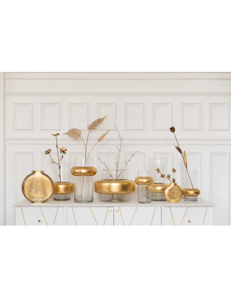 Vase Cylindrique Hoop Hauteur 25 cm en Verre Transparent Doré Anneau Bas - 2