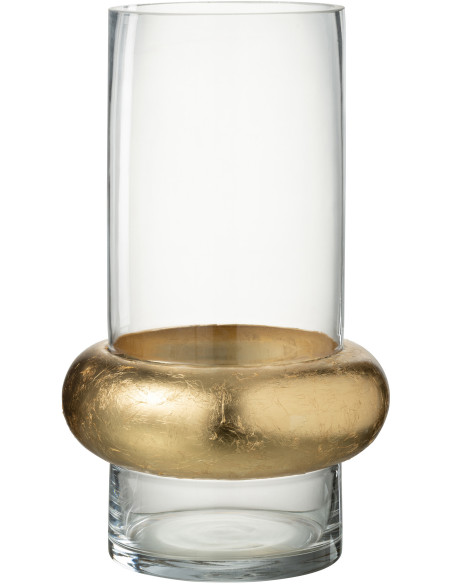 Vase Cylindrique Hoop Hauteur 35 cm en Verre Transparent Doré Anneau Bas - 1