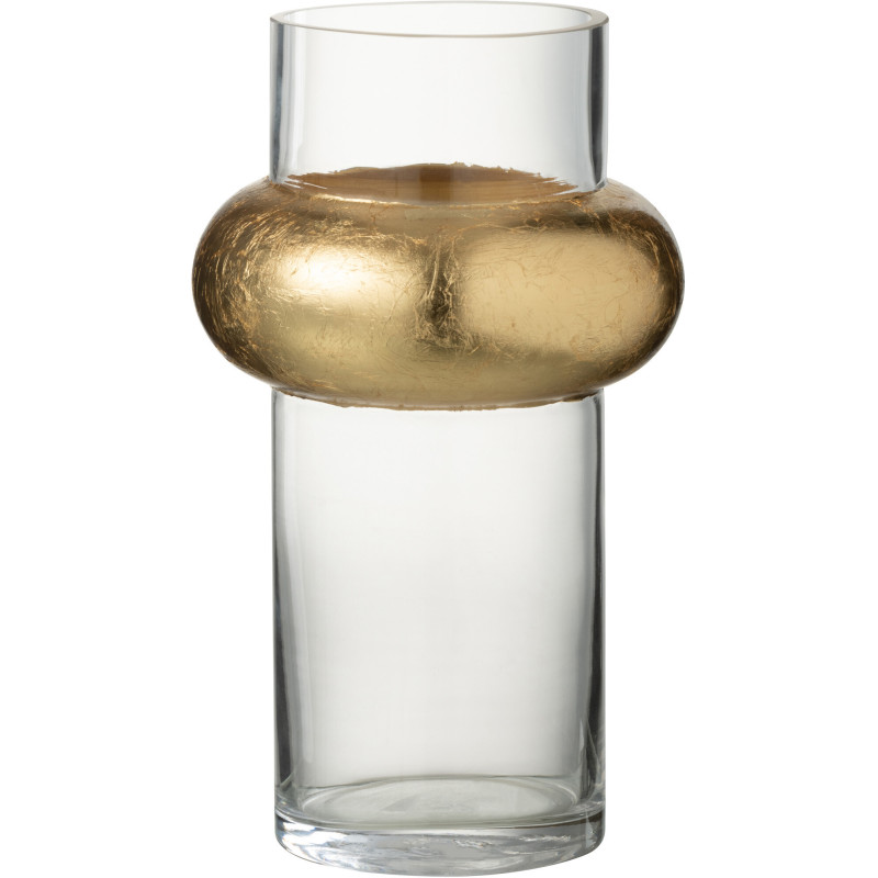 Vase Cylindrique Hoop Hauteur 25 cm en Verre Transparent Doré Anneau Haut - 1