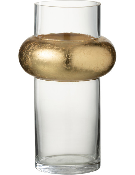 Vase Cylindrique Hoop Hauteur 25 cm en Verre Transparent Doré Anneau Haut - 1