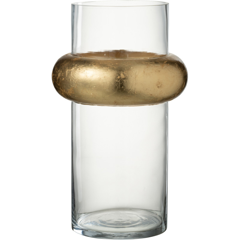 Vase Cylindrique Hoop Hauteur 35 cm en Verre Transparent Doré Anneau Haut - 1