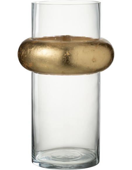 Vase Cylindrique Hoop Hauteur 35 cm en Verre Transparent Doré Anneau Haut - 1