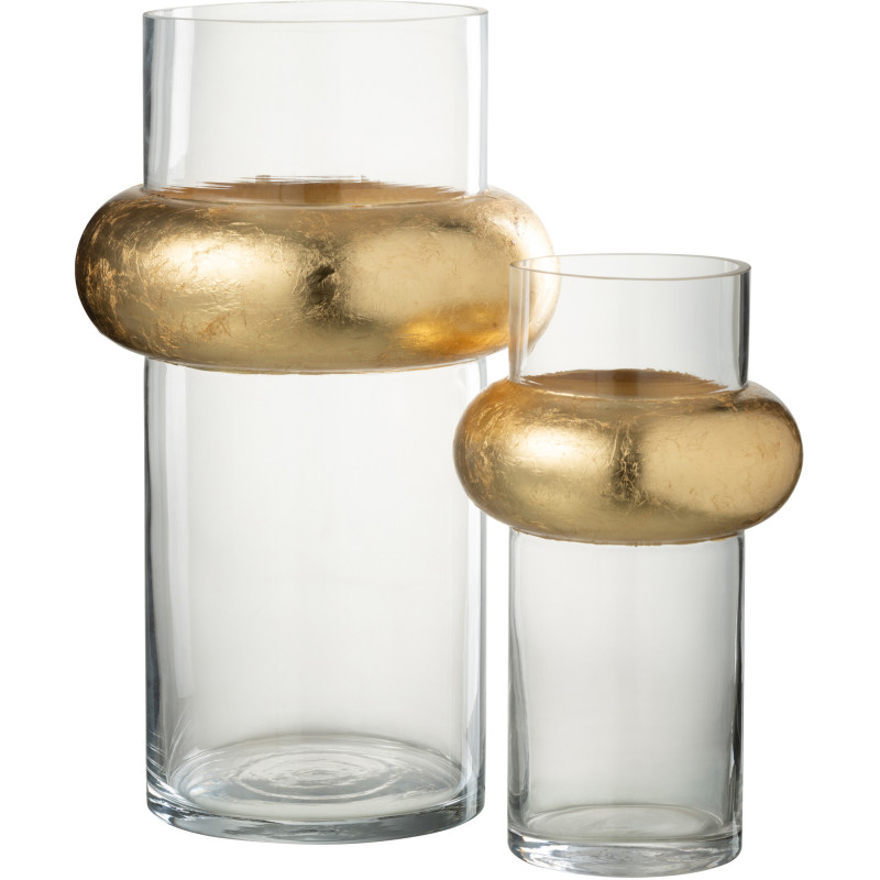 Vase Cylindrique Hoop Hauteur 35 cm en Verre Transparent Doré Anneau Haut - 3