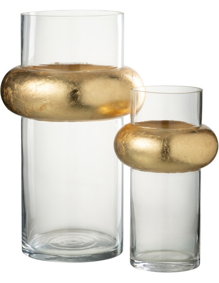 Vase Cylindrique Hoop Hauteur 35 cm en Verre Transparent Doré Anneau Haut - 3