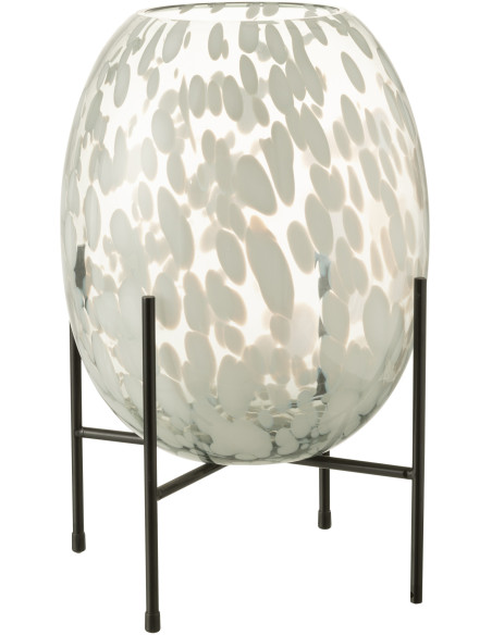 Vase Ovale Balsa Hauteur 35 cm en Verre Blanc Métal Noir Motif taches Sur Pied - 1