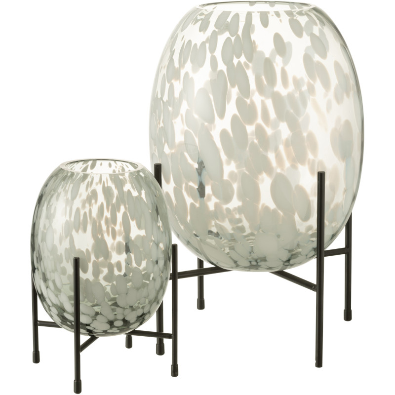 Vase Ovale Balsa Hauteur 35 cm en Verre Blanc Métal Noir Motif taches Sur Pied - 4