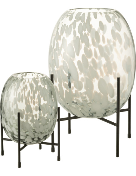 Vase Ovale Balsa Hauteur 35 cm en Verre Blanc Métal Noir Motif taches Sur Pied - 4