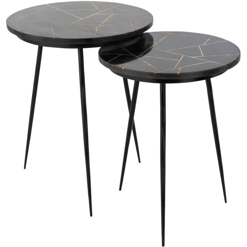 Tables d'appoint rondes en marbre noir et métal doré - 1
