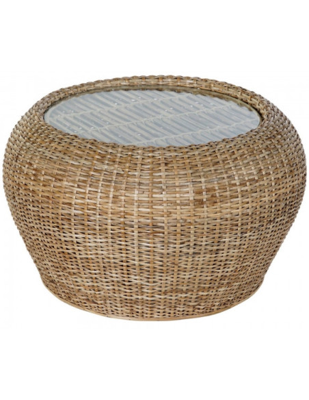 Table basse balinaise Ronde en Verre Transparent Rotin Naturel Tressé Taksu - 1
