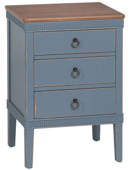 Chevet vintage rétro 3 tiroirs en Bois de sapin Bleu Marron Vieilli Calista - 1