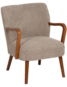 Fauteuil vintage rétro en Bois d'hévéa Marron Tissu Taupe Bouclette Nestor - 1