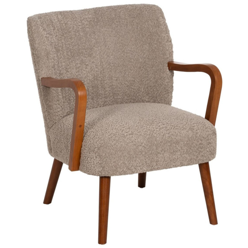 Fauteuil vintage rétro en Bois d'hévéa Marron Tissu Taupe Bouclette Nestor - 1