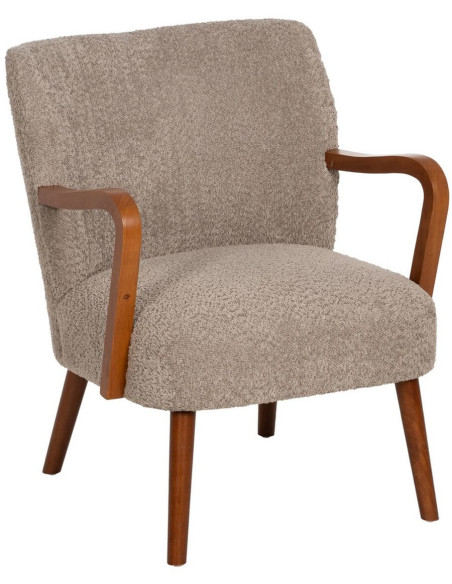 Fauteuil vintage rétro en Bois d'hévéa Marron Tissu Taupe Bouclette Nestor - 1