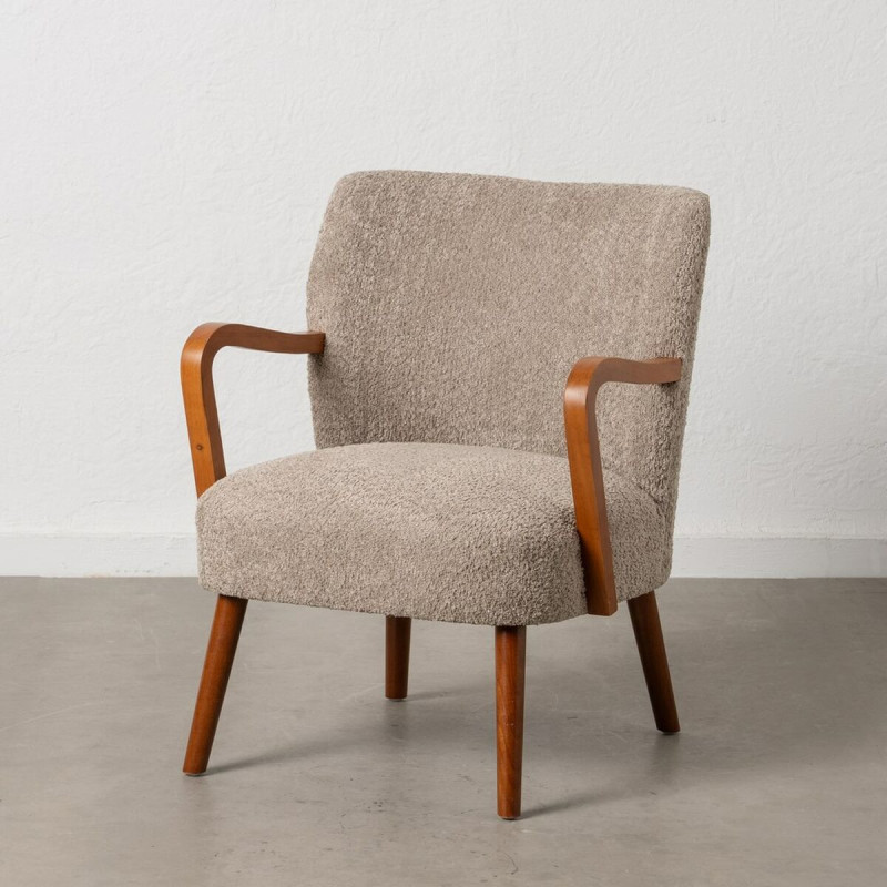 Fauteuil vintage rétro en Bois d'hévéa Marron Tissu Taupe Bouclette Nestor - 8