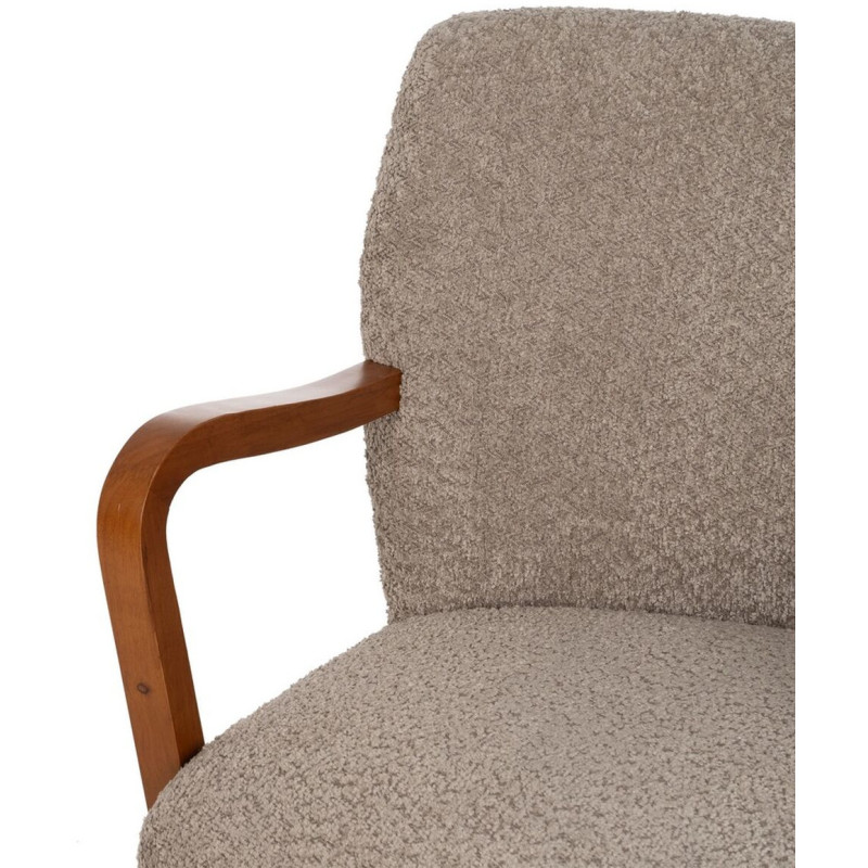 Fauteuil vintage rétro en Bois d'hévéa Marron Tissu Taupe Bouclette Nestor - 5