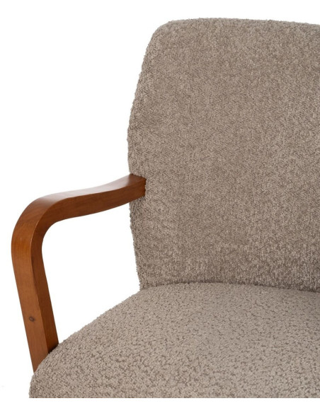 Fauteuil vintage rétro en Bois d'hévéa Marron Tissu Taupe Bouclette Nestor - 5