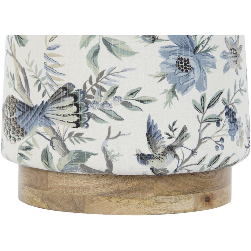 Pouf Shabby Chic Rond en Bois de manguier Naturel Coton Motif oiseaux Xandor - 4