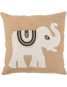 Coussin Carré Krombe 45x45 en Jute Beige Blanc Motif éléphant - 1