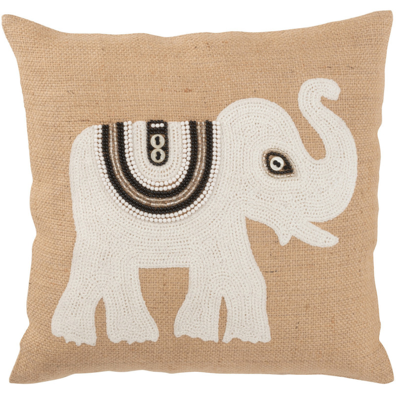 Coussin Carré Krombe 45x45 en Jute Beige Blanc Motif éléphant - 1