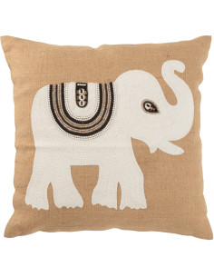 Coussin XL Carré Krombe 60x60 en Jute Beige Blanc Motif éléphant - 1
