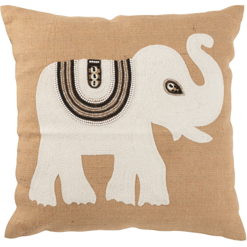 Coussin XL Carré Krombe 60x60 en Jute Beige Blanc Motif éléphant - 1