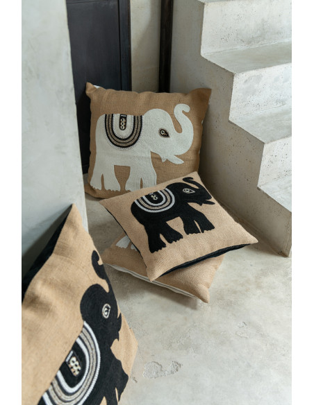 Coussin XL Carré Krombe 60x60 en Jute Beige Blanc Motif éléphant - 2