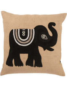 Coussin Carré Krombe 45x45 en Jute Beige Noir Motif éléphant - 1