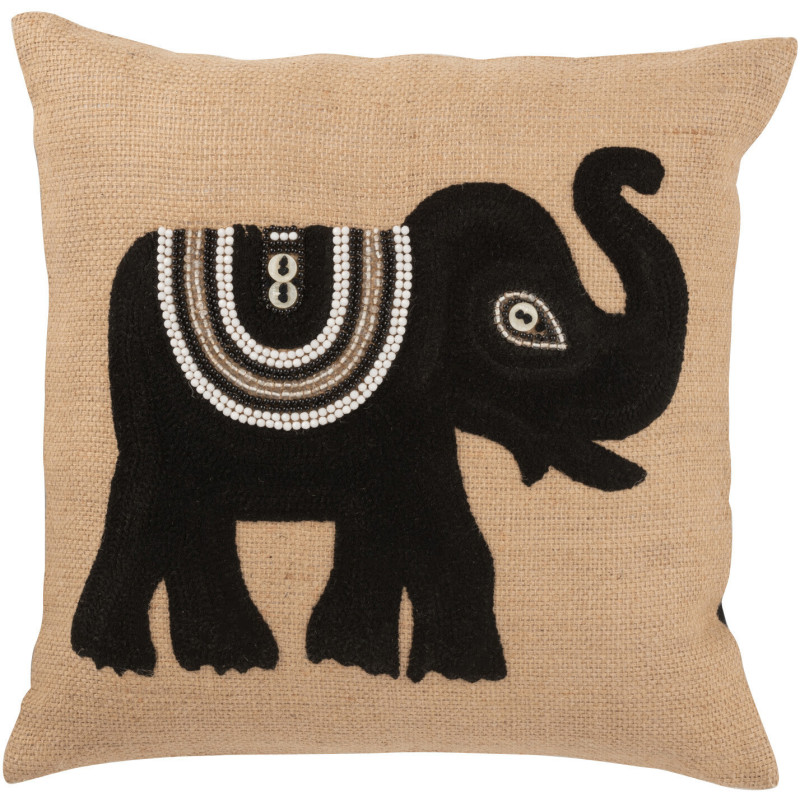Coussin Carré Krombe 45x45 en Jute Beige Noir Motif éléphant - 1