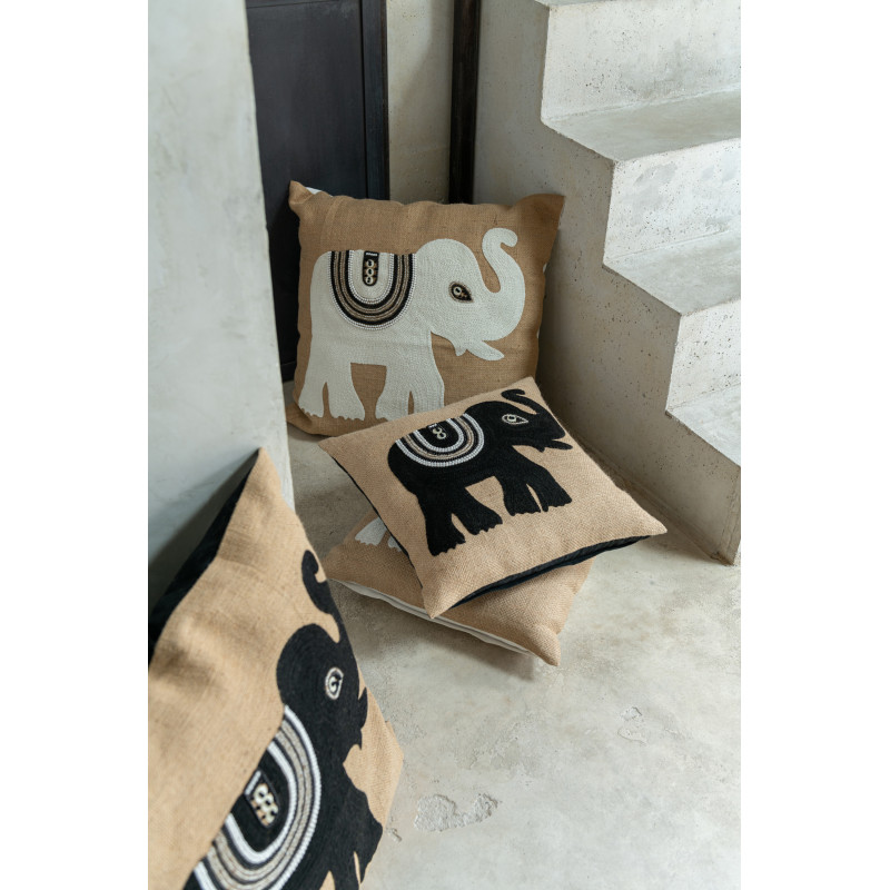 Coussin Carré Krombe 45x45 en Jute Beige Noir Motif éléphant - 2