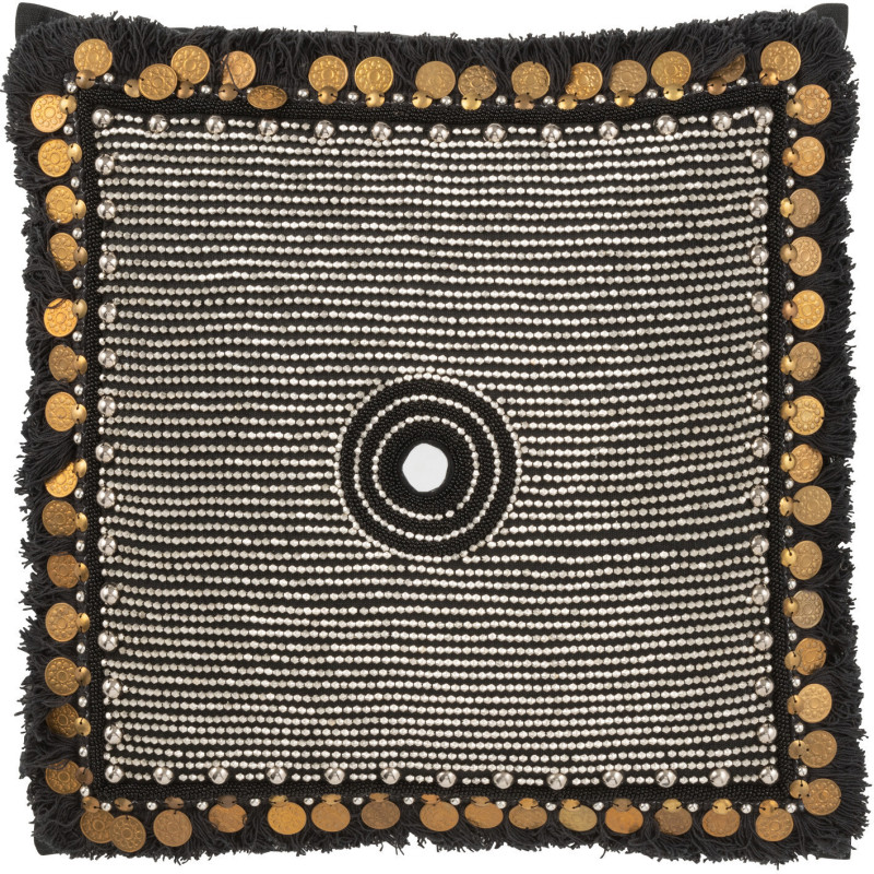 Coussin Carré Ibiza 45x45 en Jute Noir Perle Blanc Sequin Doré - 1