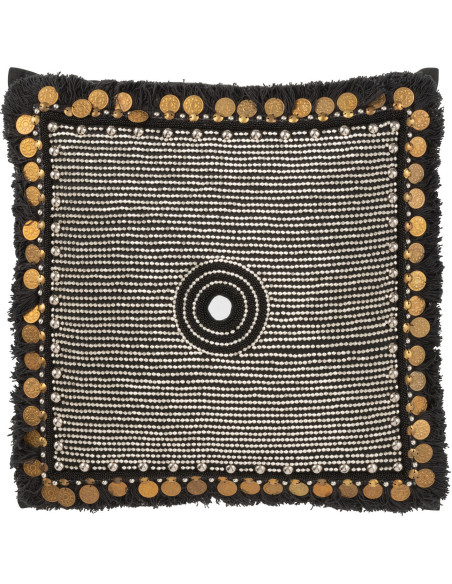 Coussin Carré Ibiza 45x45 en Jute Noir Perle Blanc Sequin Doré - 1