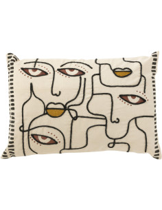 Coussin XL Rectangulaire Drexus 70x40 en Coton Beige Marron Noir Motif visages abstraits - 1